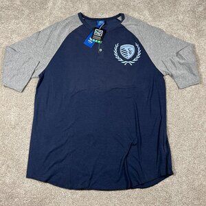Adidas Mens L Blue Gray Sporting Kansas City MLS Soccer Raglan Sleeve Jersey NWT